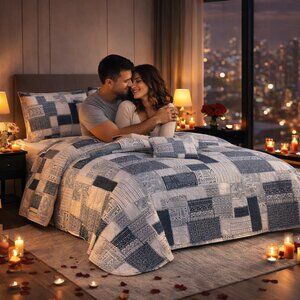 Geometric Pattern Quilted Bedspread Set Bedspreads Queen Size King Quilt - Gray